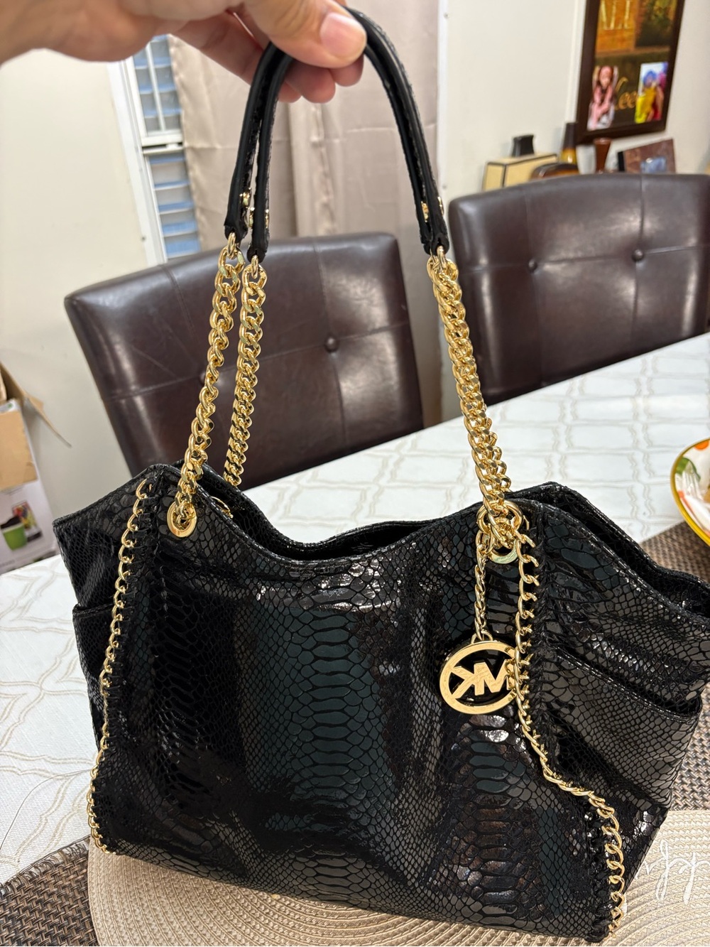 Michael Kors Black Snake-Embossed Shoulder Tote with Gold Chain